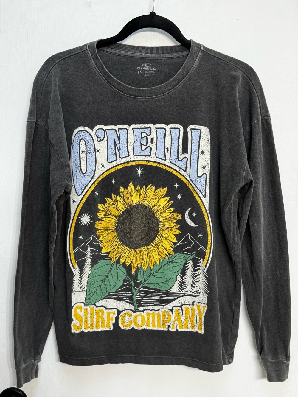 O'Neill Black Long Sleeve Crewneck with Yellow Sunflower Graphic